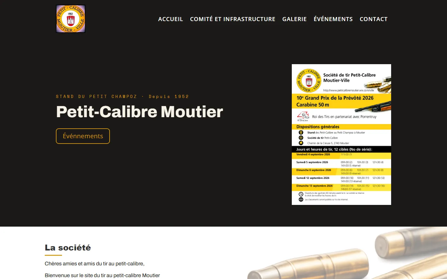 Page d'accueil du site de la société de tir Petit-Calibre Moutier sur ordinateur : logo, menu, titre sur fond sombre et affiche du 10e Grand Prix de la Prévôté 2026
